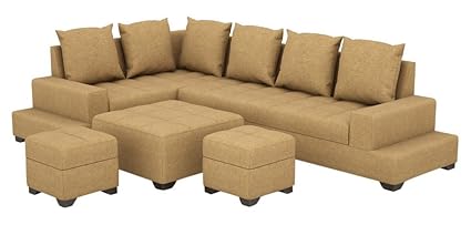 Three+ Brown Sal Wood 6 Seater L-Shaped Sofa Set for Living Room
