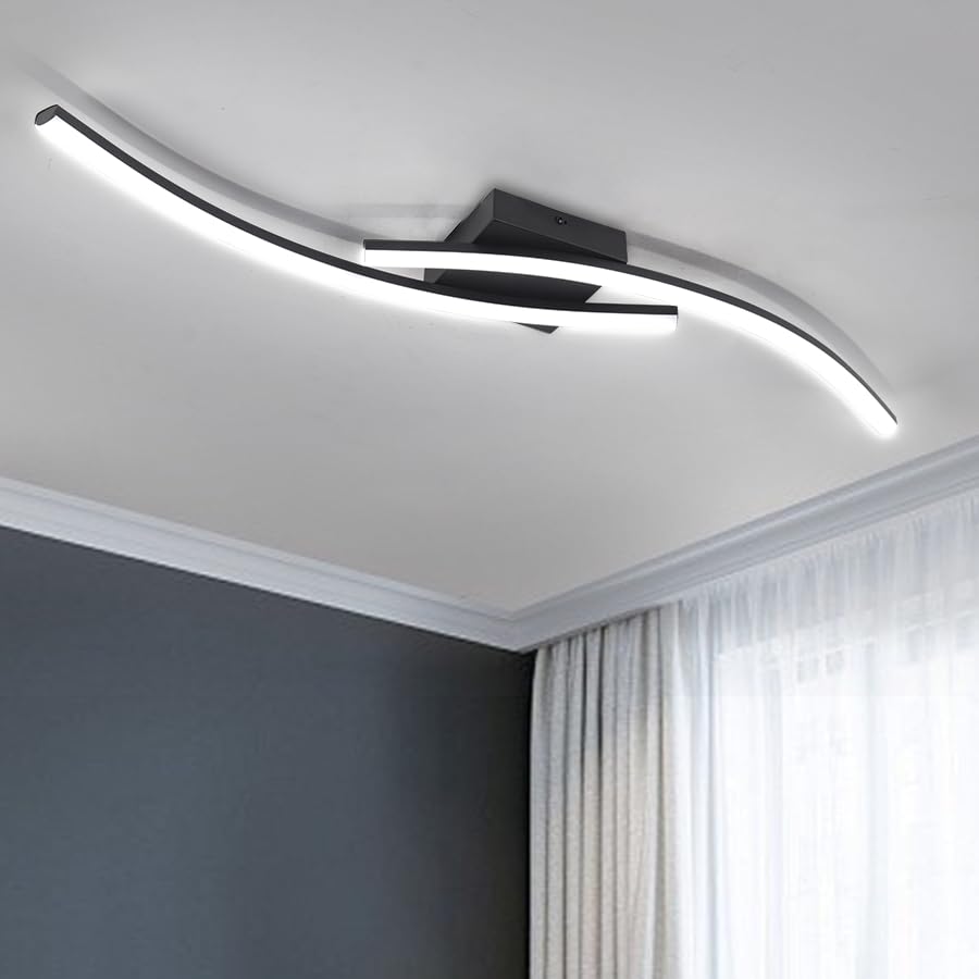 EIDEARAY LED Ceiling Light,Modern Curved Design Geometric LED Ceiling Lights,Cool White 6000k Metal Ceiling Lighting Fixture for Hallway Bedrooms Living Rooms Kitchen Office 22W 80CM(Black)