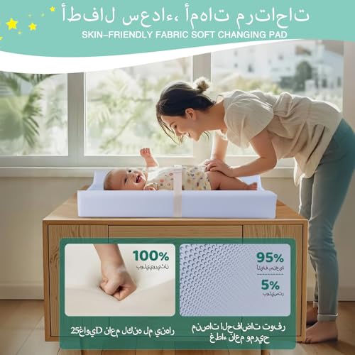 Baby Changing Pad, PU Waterproof Diaper Changing Mat with Safety Strap, وسادة تغيير حفاضات الأطفال Portable Diaper Changing Pad, Breathable Contoured Changing Table Pads for Infant, 31.25"X16", Blue