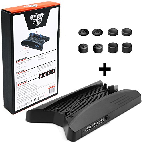 ADVcer PS4 Pro Cooling Vertical Stand - Dual Big Fan Cool System with 3 Extra USB Port HUB + 8 PS4 Controller Thumb Grip Cover Cap for Sony Playstation 4 Pro Game Console and DualShock 4 Gamepad