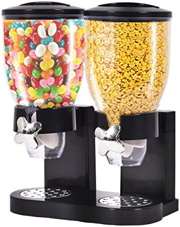 DPThouse Double Chamber Dry Food Airtight Cereal Dispenser Dual Control, Overall size: 13.4" x7.9" x16.5"(L x W x H) Base dimensions: 12.8" x7.5" x1.2" (L x W x H), Black
