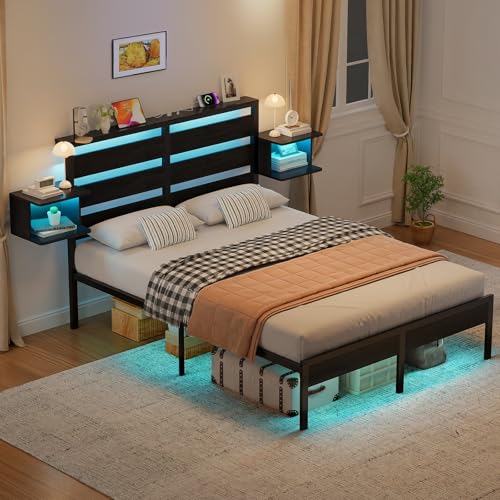 FURRIFIC Cama Matrimonial con 2 Mesitas de Noche Flotantes, Base Matrimonial con Cabecera Almacenamiento, Marco con Luces LED RGB, Estación de Carga, Amplio Espacio Inferior, Estructura de Cama Negra