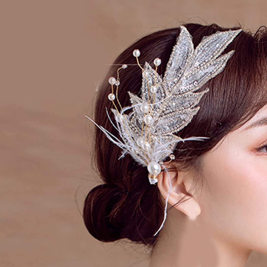 fdsmall Bride Headpieces Hair Barrette,Pearl Feather Hair Piece Hair Pin Wedding Hair Accessories for Brides,Bridesmaids,Women and Girls