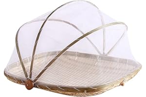 MWELLEWM Food Bamboo Food Serving Tent Basket Hand-Woven Basket Serving Dustproof Picnic Basket Vegetable Fruits Bread Home Square Storage Basket with Mesh Gauze Cover Container