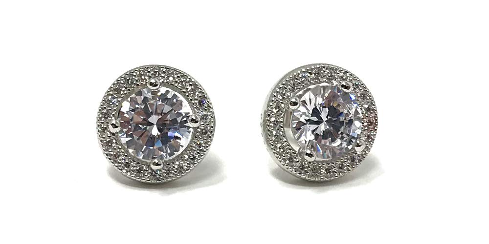 Ladies Silver Micro Set Cubic Zirconia Halo Stud Earrings Rhodium Plated 925 Sterling for Women with Gift Box