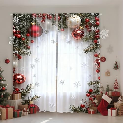 Christmas Ball Holiday Printed Curtains, 2D Flat Printed Xmas Decor Curtain with Festive Patterns, Light-Filtering Curtain for Living Room Bedroom Holiday Season Decor (H)