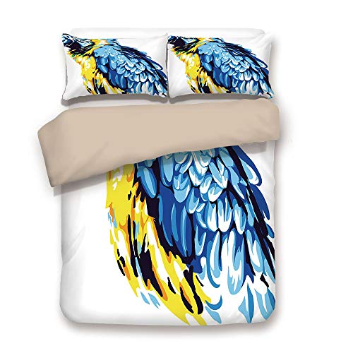 iPrint Duvet Cover Set,Back of Khaki,Animal,Painting Style Parrot Profile Exotic Creature Tropical Nature Theme,Navy Blue Light Blue Yellow,Decorative 3 Pcs Bedding Set by 2 Pillow Shams,Full