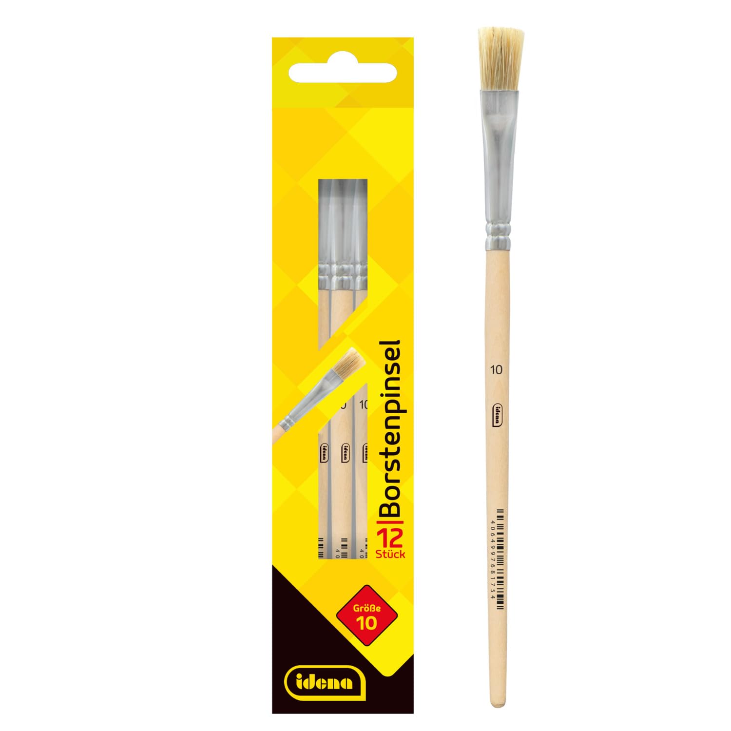 Idena 90097 Bristle Brush, Size 10, with Unpainted Wooden Handle, Set of 12, Painting Brushes for School Children Hobby Artists