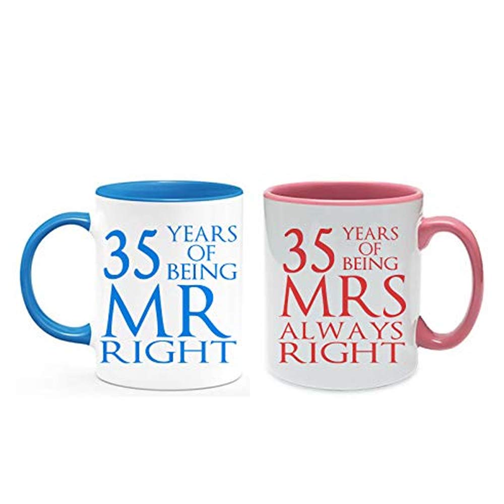 Getagift Coral Anniversary 35 Years of Being Mr Right & Mrs Always Right Set of 2 Wedding Anniversary, Valentines Day, Coloured Couple Mug Set. (35 Years)