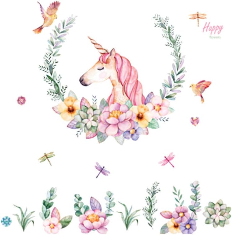 Cute Pink Lovely Unicorn with Flower Wall Sticker for Room Decor