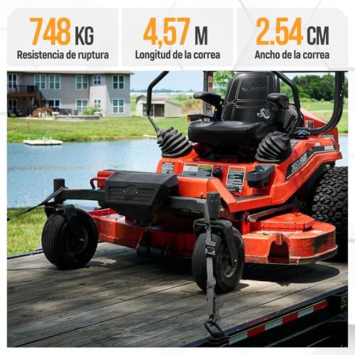 Set de Correas de Amarre con Tensor de Trinquete, Resistencia 249 kg de Carga, 748 kg al Rompimiento, 4 Ganchos de Acero Plastificado, 4 Correas de 4.5m, 4 Hebillas (Negro)
