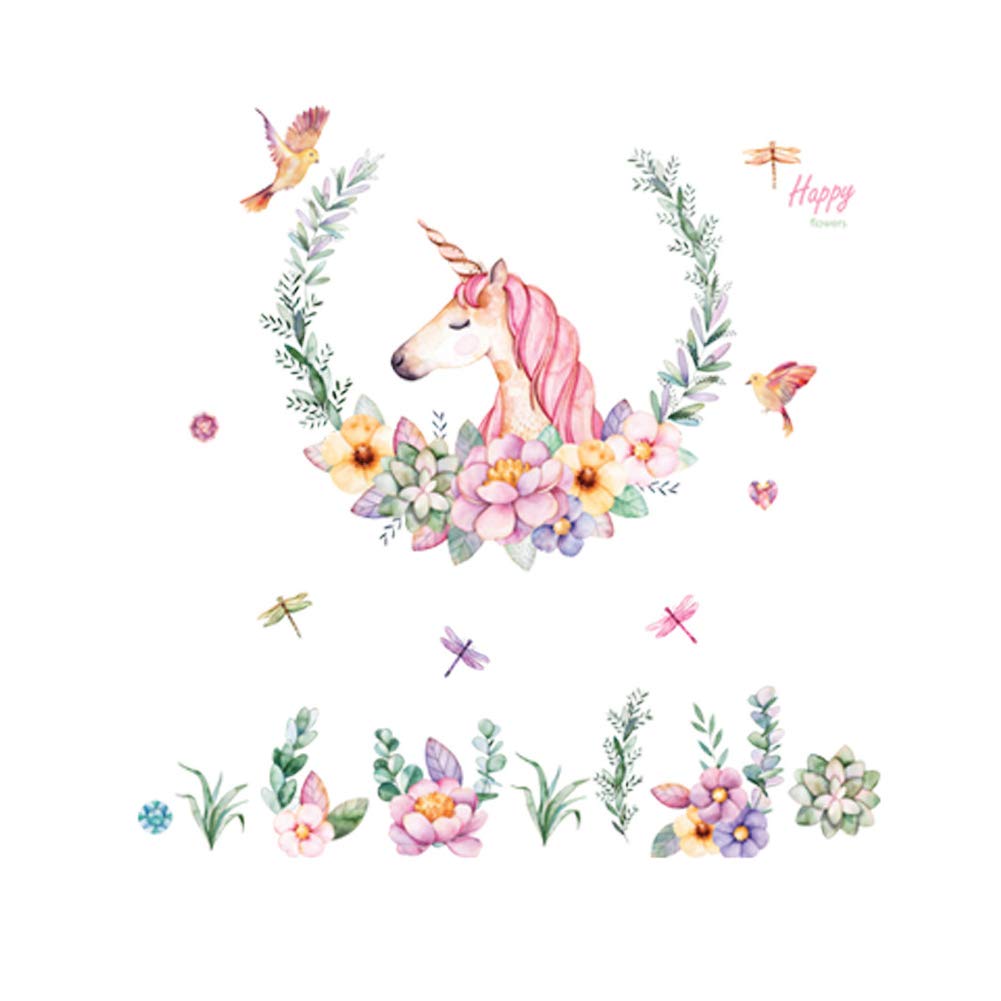 Cute Pink Lovely Unicorn with Flower Wall Sticker for Room Decor