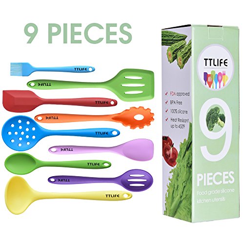 TTLIFE Silicone Utensils Kitchen Colorful 9 Pieces With Turner, Spatula, Soup Ladle,Brush,Long Handle Shovel,Long Spoon,Slotted Spoon,Shovel Spoon,Colander For Cooking/Baking/BBQ