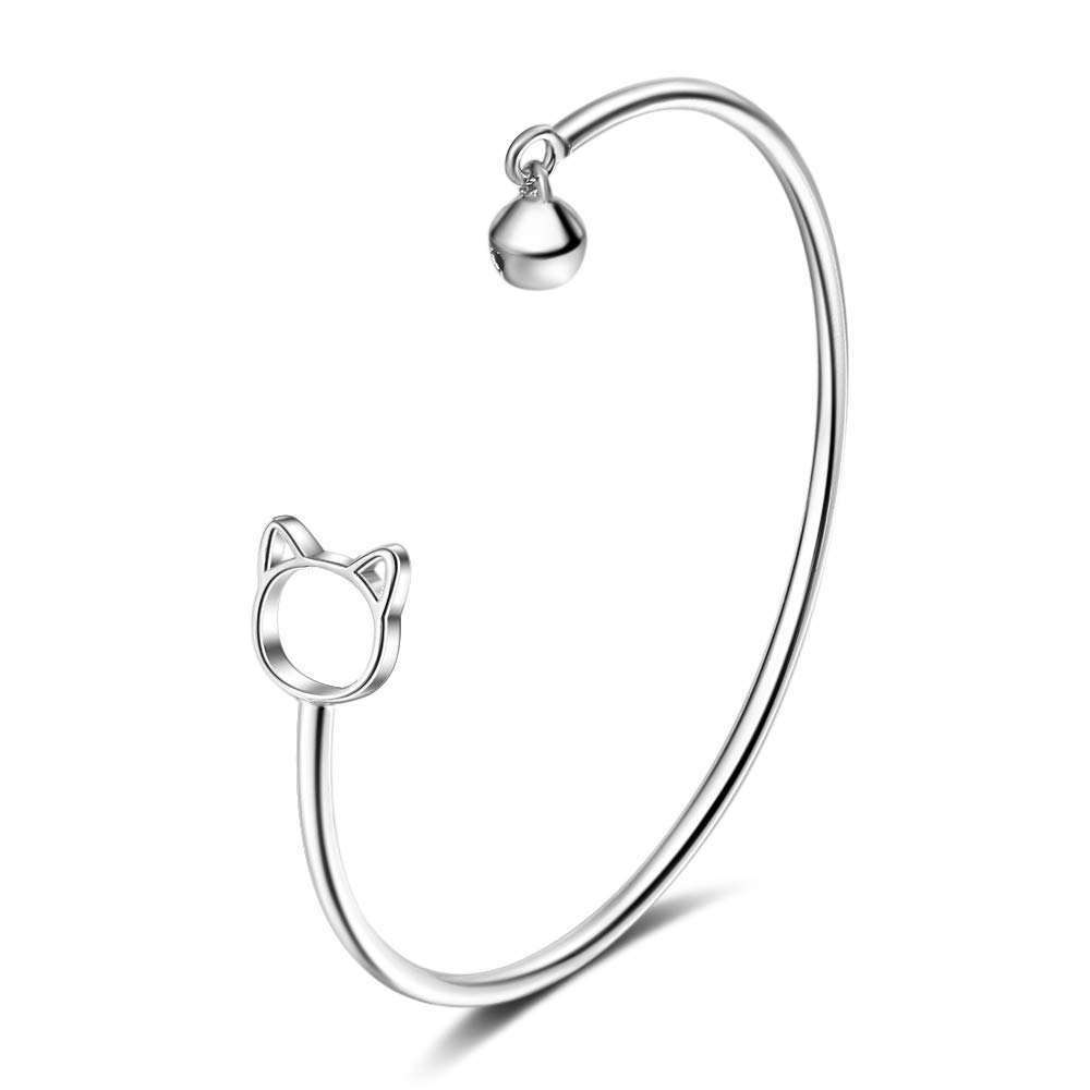 Chandler Cat Bell 925 Silver Bracelet for Women Girls Adjustable Simple Style Birthday Gift