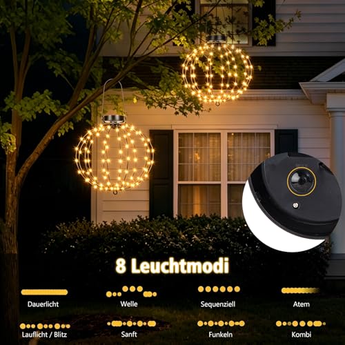 ZAIYW Pack of 2 Solar Light Ball Hanging Outdoor, 30 cm Solar Hanging LED Ball Lights with 8 Modes Timer, 240 LED Foldable Waterproof Light Ball for Garden Balcony Party Decoration (Warm White)