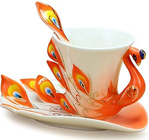 Rainie Love 7.8oz/5.9oz Fashion Elegant Peacock Shape Design Ceramic Coffee Milk Mug Tea Cup Set with Spoon and Saucer (Purple/Green/Red/Blue/Yellow/Orange Red)