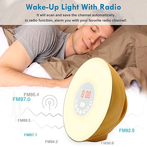 Wood Grain Alarm Clock with Sunrise Sunset Simulation&FM Clock Radio&6 Nature Sounds&7 Colors Night Light&Snooze Functions, Bedroom Alarm Clock for Kids Teens Adults