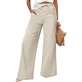 JEKAOYI Women's Casual Linen Wide Leg Pants with Pockets Boho Palazzo High Waisted Drawstring Lounge Trousers
