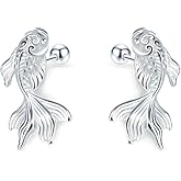 Rofeego S925 Sterling Silver Koi Fish Stud Earrings/Screw Back