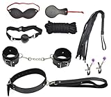 Easyfashion Black Bondage kit Leather Restraint Bedroom Fun 8pcs Adult Set