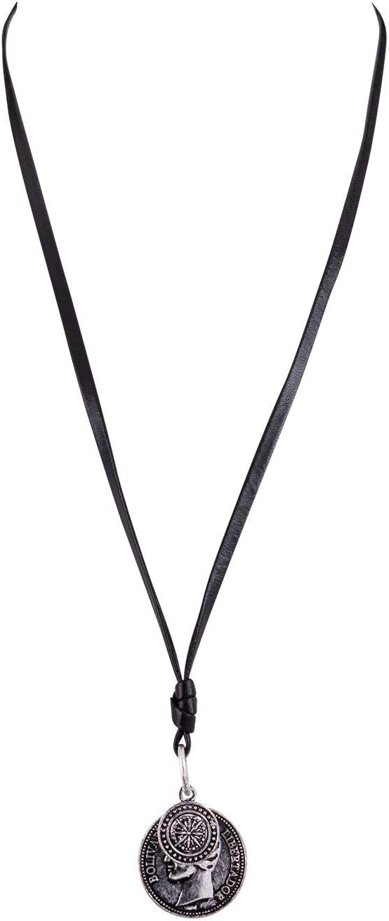 1 pc. of Ladies Necklace, Textile Chain with Knot Fastener, Metal Plates, Antique, Coin, Head, Plant, Silver, Black (275-882)
