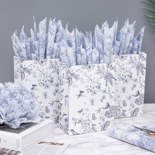 Larcenciel Tissue Paper Roll Vintage Floral, Blue and White Tissue Paper for Gift Bag Filler, Artistic Gift Packaging for Wedding, Birthday, Party, Craft, 10 M×43 CM