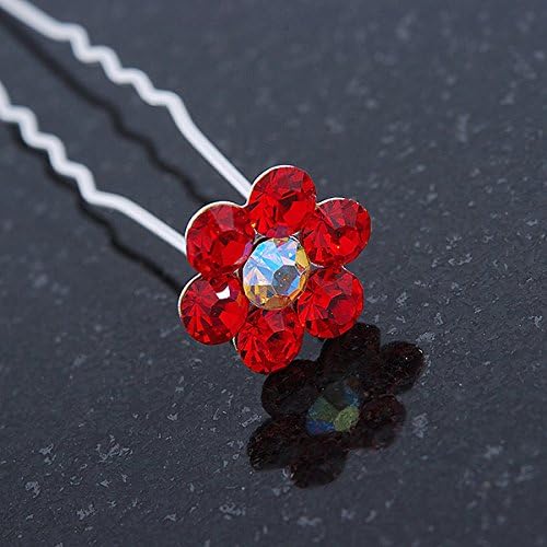Bridal/Wedding/Prom/Party Set Of 6 Red Austrian Crystal Daisy Flower Hair Pins In Silver Tone, silver, red - Image 4