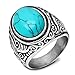 VQYSKO Retro Turquoise Ring for Men and Women | Stainless Steel Oval Turquoise Ring for Men and Women | Ideal Gift for Dad Boyfriend Blue/Black/Brown/White Color for Choice (Blue, 12)