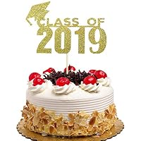 Class of 2019 Cake Topper with Graduates Cap, Congrats Grad Cake Decorations, 2019 Graduation Party Supplies - Gold Glitter