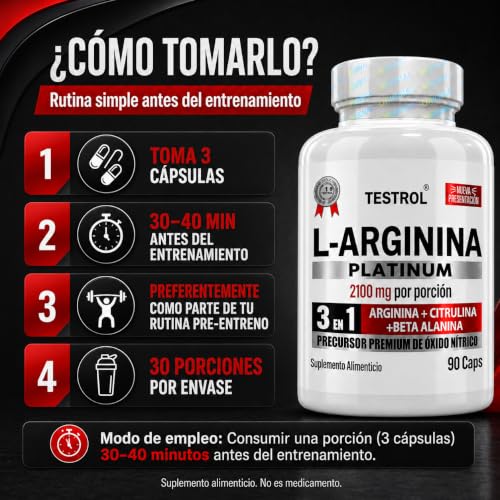 Arginina Platinum 2100mg por porción | L Arginina + L Citrulina + Beta Alanina | Pre Workout | Pre Entreno sin Cafeina | Precursor de Oxido Nítrico | Testrol TSN (90 Cápsulas).