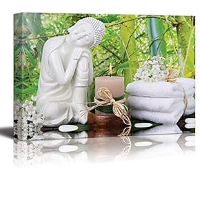 Canvas Prints Wall Art - Buddha Figurine with a Stack of Towels and a Candle - Wellness Decoration - 12" x 18"
