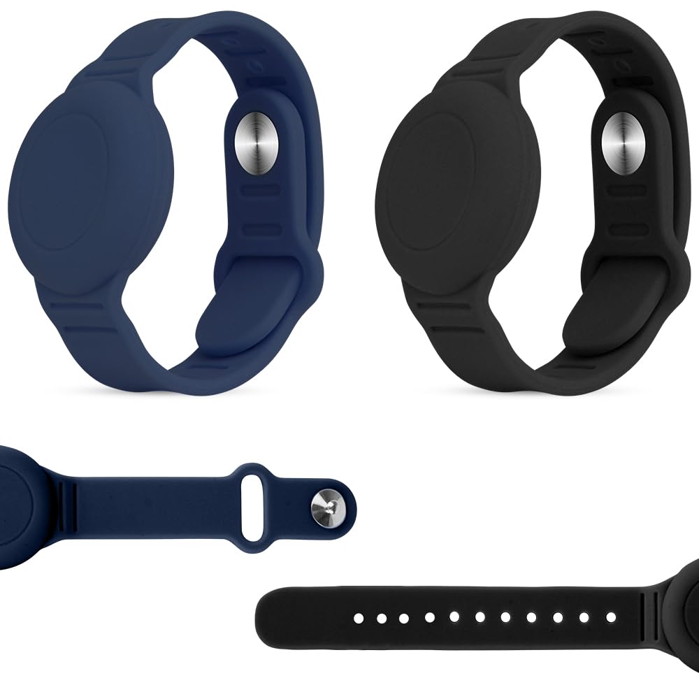 WALLFID 2 Pack Airtag Waterproof Wristband Compatible with Apple AirTag,Soft Adjustable Airtag Bracelet, Airtag Watch Band for Kids Toddler Baby Children Elders (Midnight Blue & Black)