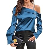 ZAFUL Women's Satin-Silk-Tops Sexy Off The Shoulder Dressy Blouse for Party Casual Long-Sleeve Elegant Shirt