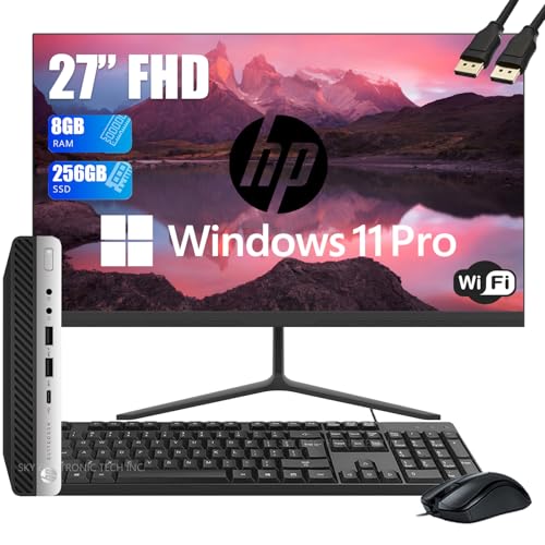 HP EliteDesk 800 G3 Mini computadora de computadora, Paquete de Monitor FHD de 27 Pulgadas PC Set, Core i5-6500T Desktop PC, 8 GB de RAM, 256 GB SSD, Teclado y Mouse, Win 11 Pro (Reacondicionado)