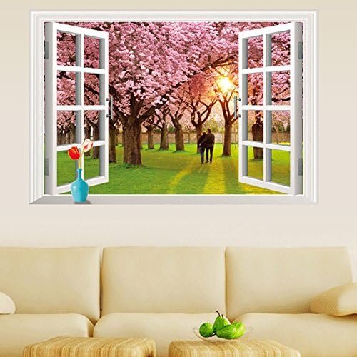 WMdecal Removable Wall Sticker Easy to Stick Fake Window with Pink Sakura Flowers Wall Decal for Bedroom and Living Room