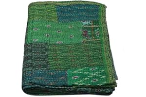 GDONLINE Indian Handmade Quilt Indian Silk Sari Kantha Quilted Patchwork, Silk Kantha Blanket Throw, Boho Vintage Bedspreads Green 60" x 40"