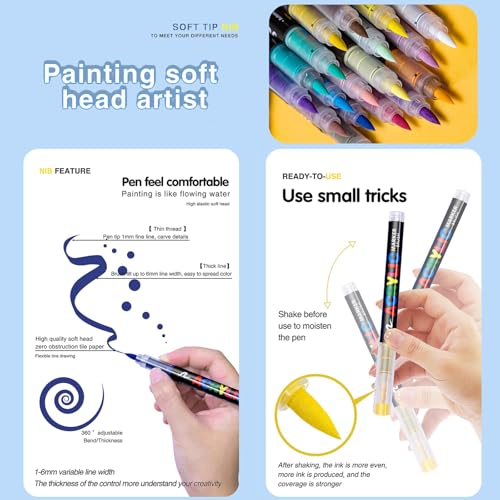 TERRIFI Acrylic Paint Pens, Soft Brush Tip Acrylic Markers, 24 Colors Ideal for Canvas, Rock Painting, Wood, Stone, Glass, Ceramic, Fabric Painting, DIY Crafts
