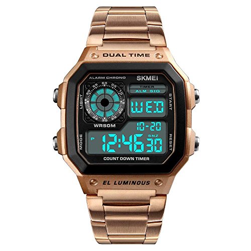 Mens Stainless Steel Sports Digital Watch Waterproof Multifunction Quartz Wristwatch with Square Big Face Stopwatch Countdown Timer Date Day Alarm, Rose Gold 