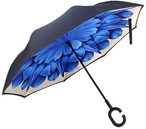 Mishang Reverse/Inverted Double-Layer Waterproof Straight Umbrella, Self-Standing & C-Shape Handle & Carrying Bag for Free Hands, Inside-Out Folding for Car Use (Blue King)