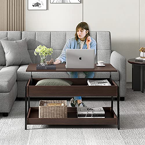 POVISON Lift Top Coffee Table with Storage, 3 Tier Storage Shelves and