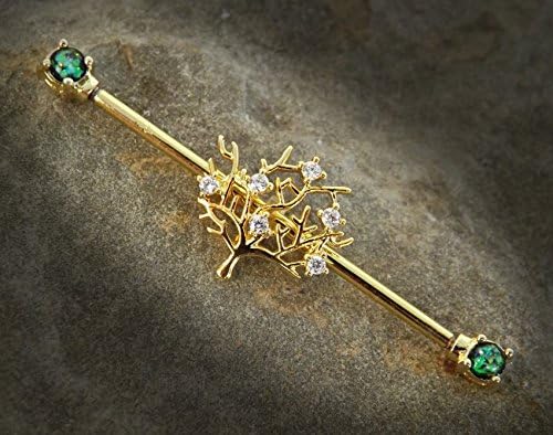 Golden Tree of Life Opal Ends Industrial Barbell Scaffold Piercing 14ga Body Jewelry Piercing Jewelry 316L Surgical Stainless Steel