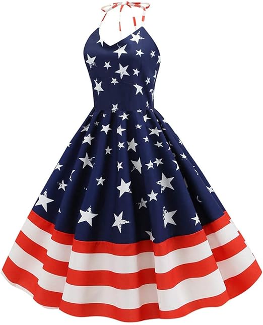 Womens Independence Day Halter Dress Empire Waist American