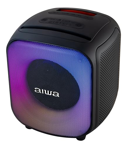 Aiwa Bocina Portátil AW-B81 en Color Negro con 40W RMS, Bluetooth 5.3, función TWS, Luces LED, Radio FM, batería Recargable de 4000 mAh, Puerto USB-C y Sonido Potente con Refuerzo de Graves