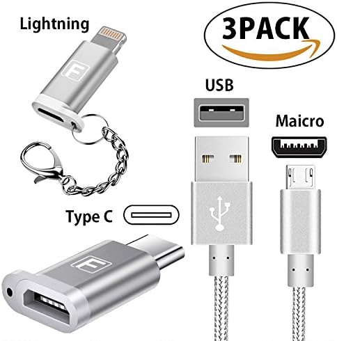USB Charging Cables Micro / Lightning/Type C Adapte 3Pieces iPhone Charger 8 pin USB Charger Cord, Compatible with iPhone 8/8 Plus 7/7 Plus/6s/6s Plus/6/6 Plus/5/5S/5C/SE/iPad and iPod (SILVER)