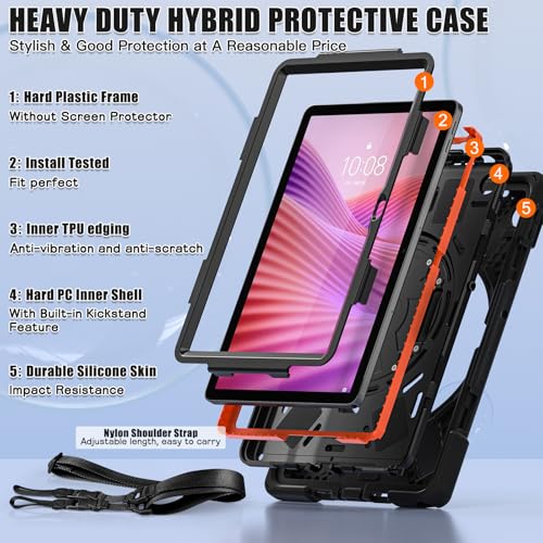 Gerutek Anti-Drop Case for Lenovo Tab 10.1 Inch 2025, (TB-311FU/TB-311XU), Rugged Case with Rotating Stand, Hand/Shoulder Strap, Pencil Holder, Case for Lenovo Tab 2025 10.1 inch WUXGA, Black