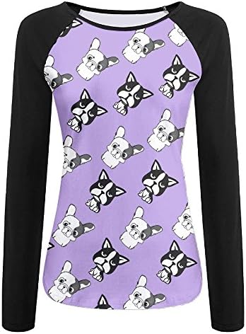 Boston Terrier and French Bulldog Friends Women's Round Neck Raglan Sleeve Long T-Shirt Blouse Tops Casual Teen Girls Tees XL