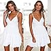 ECOWISH Womens V-Neck Spaghetti Strap Bowknot Backless Sleeveless Lace Mini Swing Skater Dress White M