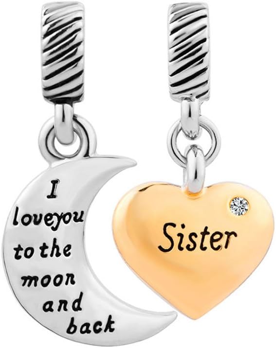 Sister I Love You To The Moon And Back Heart Charm Beads Fit Pandora Charm Bracelets