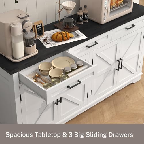 FIONESO 55”W Buffet Cabinet with 3 Large Drawers & 2 Adjustable Shelves, Farmhouse Sideboard Cabinet, Coffee Bar, TV Stand, for Kitchen,Living Room, White,40×140×80CM