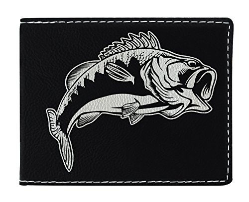 Bass Fishing Wallet for Men Large Mouth Bass Gifts Fathers Day Gifts from Son Brother Gifts Birthday Gift for Men Bass Fishing Gifts Outdoorsy Gifts Laser Engraved Leatherette Bifold Wallet Black